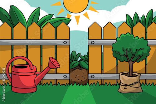 A garden gate is open with a watering can and a potted plant waiting to be planted.