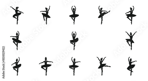 Silhouette collection of graceful ballet dancers in various poses showcased