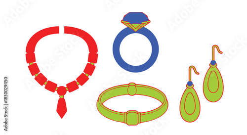 Colorful jewelry illustration featuring a necklace ring bracelet and earrings