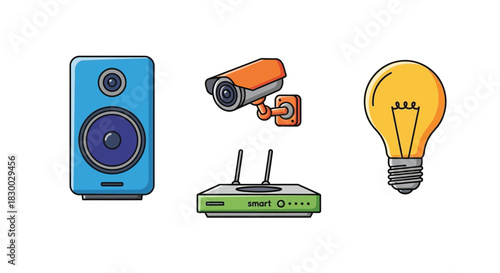 A collection of smart home devices including a speaker camera and bulb