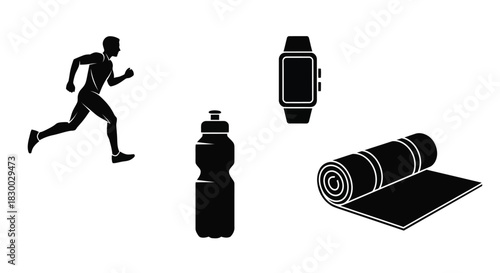 Silhouette of a runner with fitness equipment and a smart watch