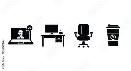 Modern workspace icons laptop monitor chair coffee and video call