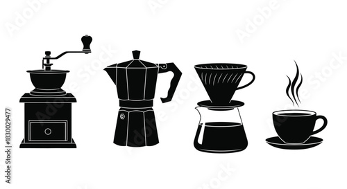 Black silhouette illustration of coffee brewing methods and a fresh cup