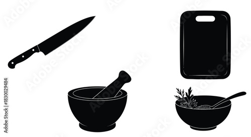 Black silhouette icons of kitchen tools knife cutting board and mortar