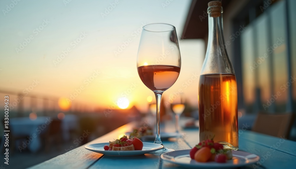 Obraz premium Glass, bottle of rose wine on table at rooftop restaurant. Appetizers served for romantic dinner during golden sunset. Outdoor terrace cafe with scenic city view at summer evening. Nobody present at