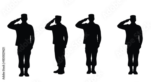Silhouettes of four soldiers offering a respectful salute in formation