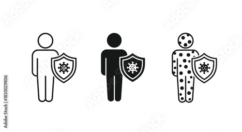 Three figures with shields varying in style and fill color