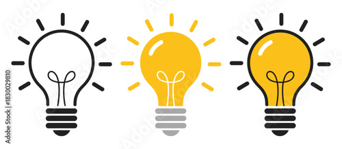 Light bulb icon vector, ideas, inspiration, creativity symbols, innovation graphics, concept illustrations, bright idea designs, creative thinking icons, modern digital assets, business and technology