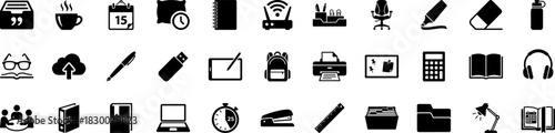 Essential Office and Study Icons Collection: Productivity Tools, Devices, and Workspace Essentials for Modern Business