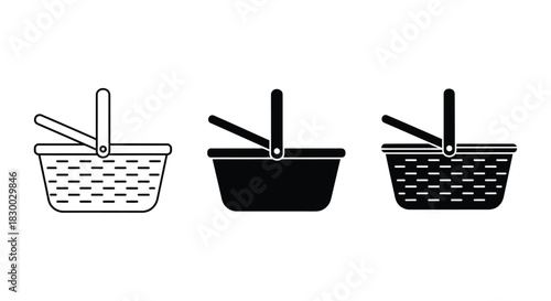 Three distinct woven picnic baskets in a simple black and white style