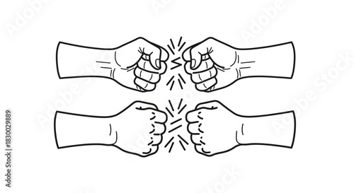 Two pairs of hands colliding in a forceful sketched illustration style