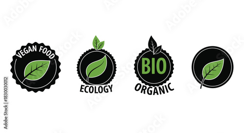 Vegan bio and organic food certification labels with green leaf elements
