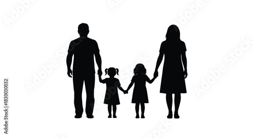 Silhouetted family of four holding hands depicting love and togetherness
