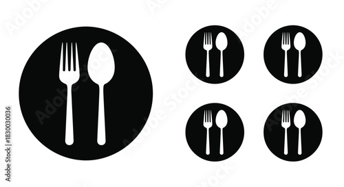Simple black and white illustration featuring cutlery set inside oval frames