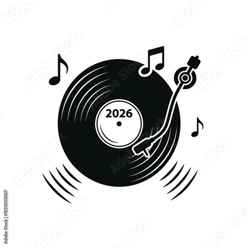 Vector icon of a vinyl record with music notes for 2026