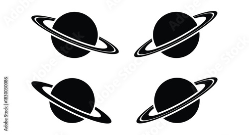 Simple black and white illustration depicting four planets with rings