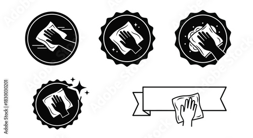Hand wiping a surface within circular badges and a banner design