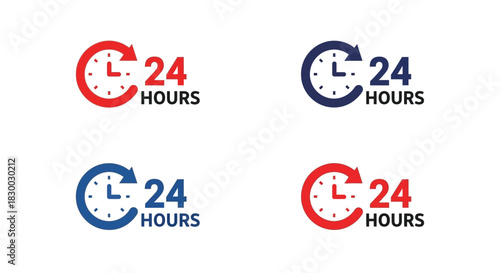 Illustrative logos depicting twenty four hour service availability with clock imagery
