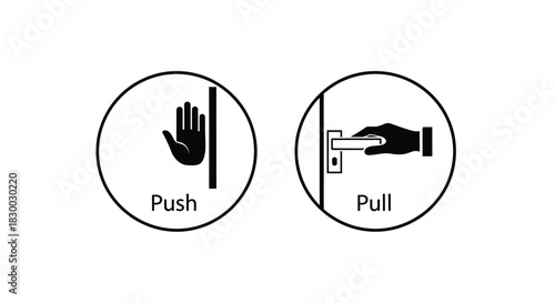 Simple black and white icons illustrating push and pull door instructions
