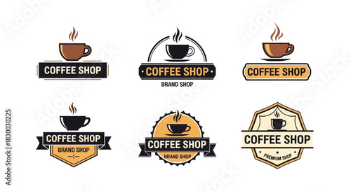 Collection of vintage style coffee shop logo designs with cup illustrations