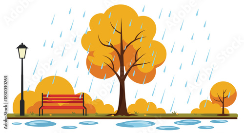 A rainy autumn day with a tree bench and street lamp