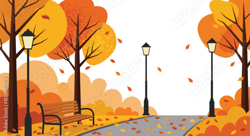 Autumn park scene with falling leaves benches and street lamps