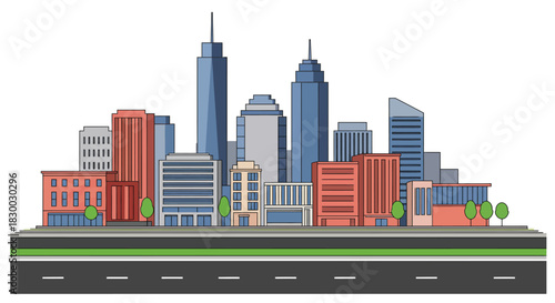 Stylized illustration of a modern city skyline with distinct buildings