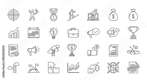 Set of business and success icons in line style contains such icons as target, winner, medal and more