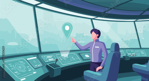 A person in a futuristic control room interacts with a holographic location marker, symbolizing navigation and technology.