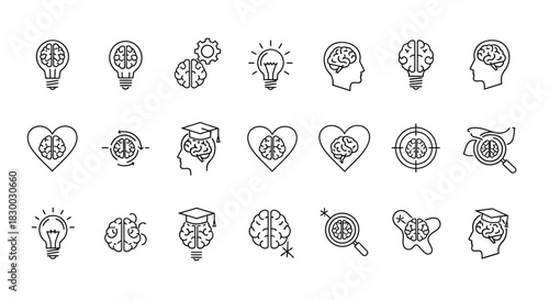Collection of brain icons representing ideas, intelligence, and mental processes symbolizes thought, learning, and creativity