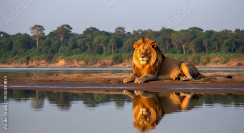 Majestic Asiatic Lion Resting in Grassy Habitat