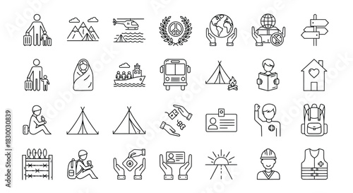 Set of outline icons about refugee, such as migration, war, help, camp, and humanitarian