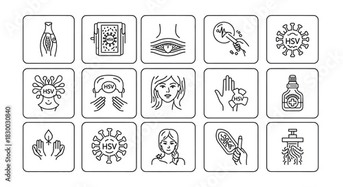Set of outline icons about herpes, such as virus, treatment, prevention, symptom, and diagnosis