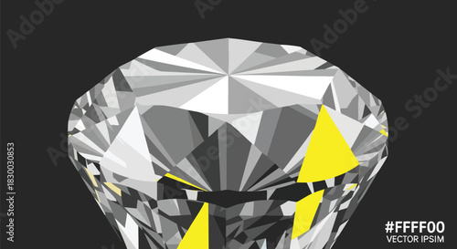 A stunning digital illustration showcases a brilliant diamond, rendered with precise detail and vibrant yellow accents against a dark background.