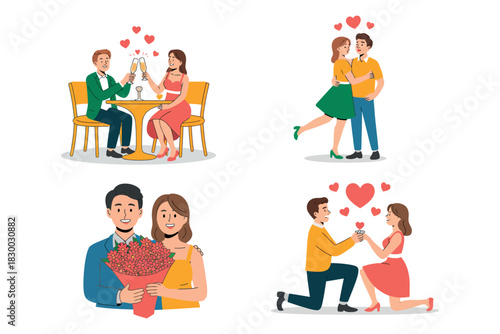 Couples celebrating love with romantic gestures like dining, dancing, gifting flowers, and proposing.