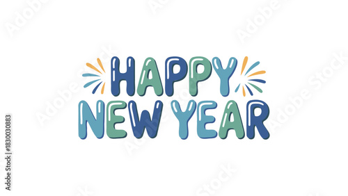 Festive happy new year text with colorful balloons and celebratory fireworks on a white background