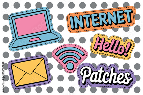 A collection of colorful patches depicting a laptop, envelope, Wi-Fi symbol, the word 'Internet', and the word 'Hello!'