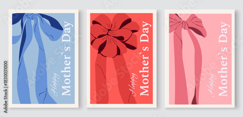 Mother's Day holiday cards with bows. Cover, poster, banner, invitation template for Valentine's Day, birthday, celebration. Copy space