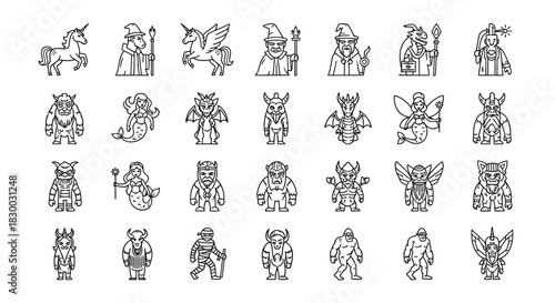 Set of linear icons of mythical creatures unicorn, wizard, mermaid, dragon, fairy, troll, minotaur, yeti, demon