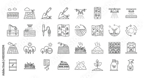 Set of linear icons of smart farming agriculture, technology, drone, sensor, irrigation, fertilizer, harvest