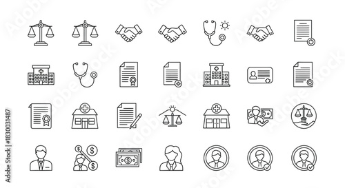 Collection of business, medical, and legal icons includes scales, handshake, stethoscope, document, hospital, and user