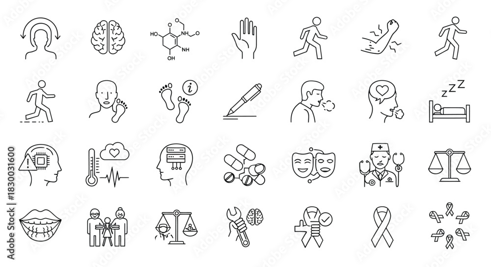Fototapeta premium Collection of handdrawn icons representing various health conditions and medical concepts vector set of healthcare symbols