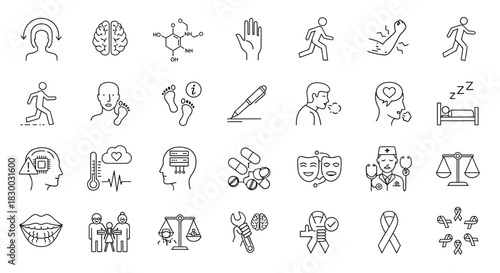Collection of handdrawn icons representing various health conditions and medical concepts vector set of healthcare symbols