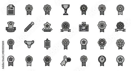 Collection of achievement and award icons in grayscale, representing recognition, success, and quality vector set of accomplishment symbols