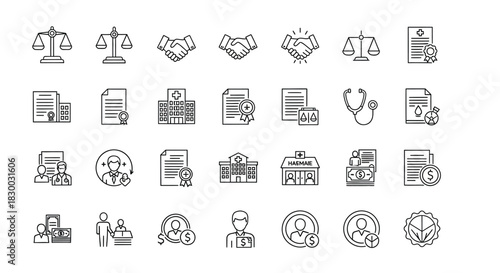 Collection of legal and medical document icons, representing law, healthcare, and agreement vector set of contract symbols