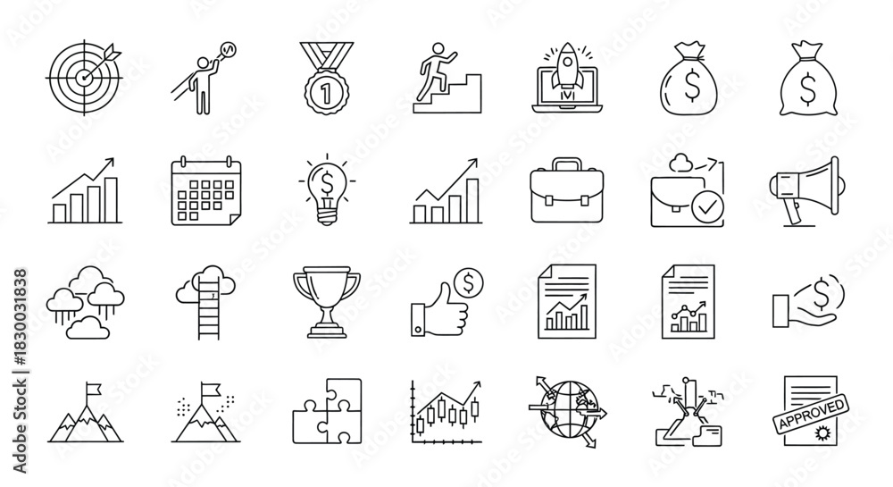Fototapeta premium Collection of business and success icons in doodle style hand drawn vector illustration concept for web design