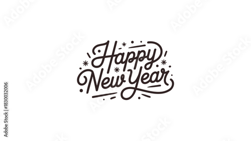Elegant hand drawn typography design celebrating happy new year with confetti and sparkles on white background