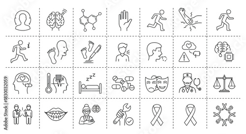 Collection of health and mental health icons representing various aspects of wellbeing and medical conditions