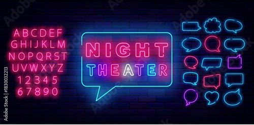 Night theater neon sign on brick wall. Stage performance. Movie concert. Shiny pink alphabet. Speech bubbles frames set. Luminous advertising. Glowing banner. Vector stock illustration