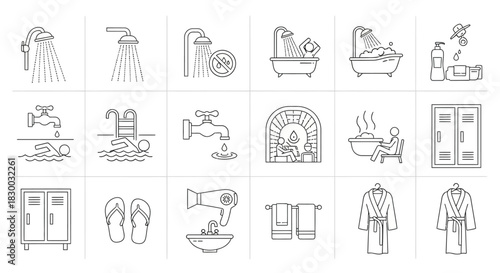 Collection of thin line icons representing bathroom and spa facilities, including showers, bathtubs, sinks, and lockers